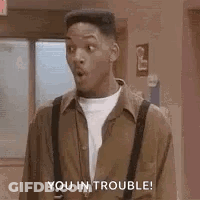 Man In Brown Shirt And Suspenders Saying You In Trouble GIF