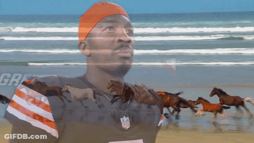 Man In Browns Jersey On Beach With Horses GIF