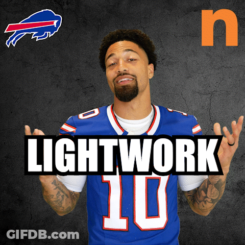 Man In Buffalo Bills Jersey Holding Lightwork 10 Sign GIF