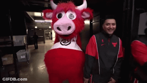 Man In Bulls Jacket Beside Mascot GIF
