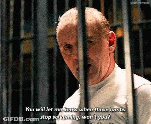 Man In Cage Says You Will Let Me Know When Those Lambs Stop Screaming Won't You GIF