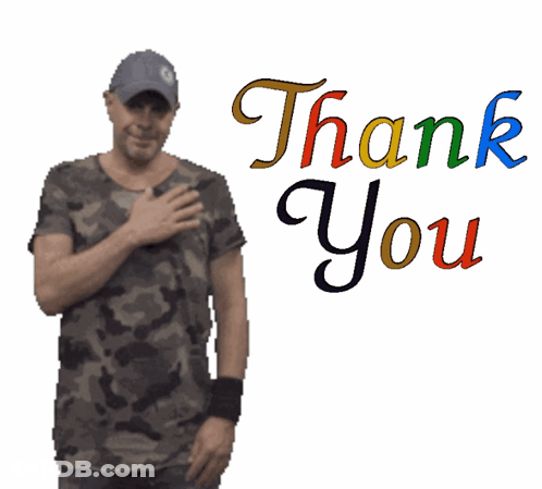 Man In Camo Shirt In Front Of Thank You Sign GIF