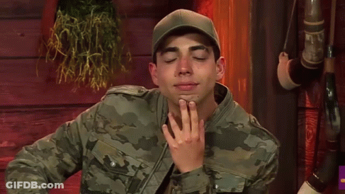 Man In Camouflage Jacket And Hat Making Funny Face GIF