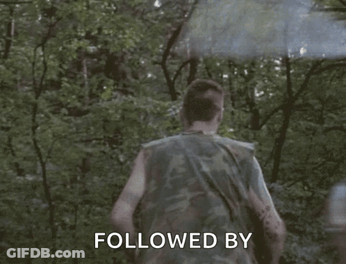 Man In Camouflage Running Through Forest Saying Followed By GIF
