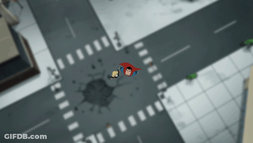Man In Cape Flying Over Intersection GIF