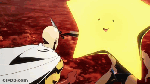 Man In Cape Holding Knife In Front Of Yellow Star Face GIF