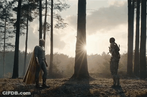 Man In Cape Next To Man In Suit GIF