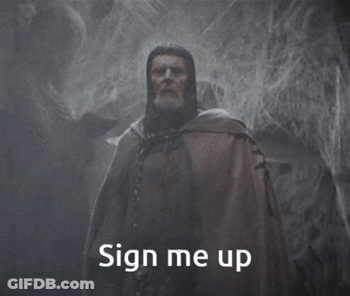 Man In Cape Saying Sign Me Up In Dark Cave GIF