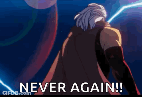 Man In Cape With Lightning Bolt Never Again GIF