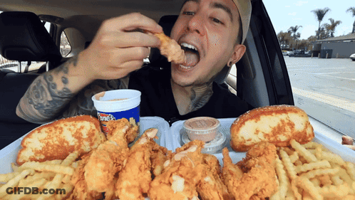 Man In Car Eating Fried Chicken And French Fries GIF