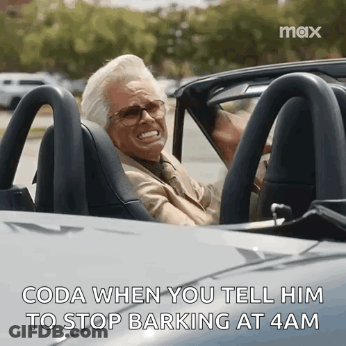 Man In Car Saying Coda When You Tell Him To Stop Barking At 4 AM GIF
