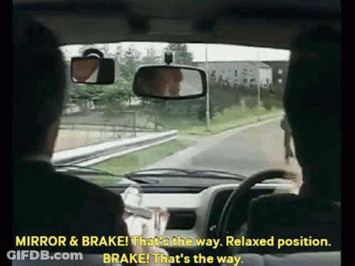 Man In Car Says Mirror And Brake Relaxed Position GIF
