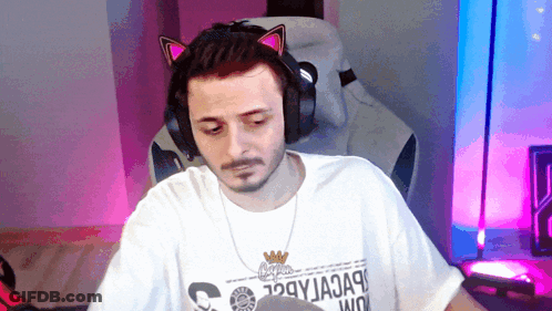 Man In Cat Ear Headset And White Shirt With Letter C GIF