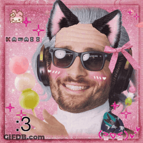 Man In Cat Ears And Headphones With Kawaii GIF