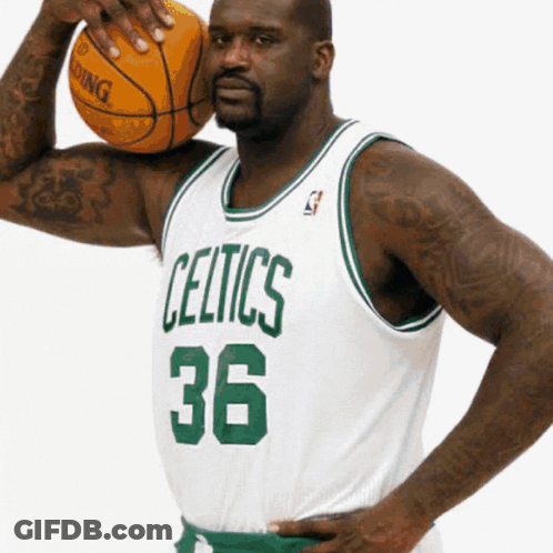 Man In Celtics Jersey Holding Basketball Over Head GIF