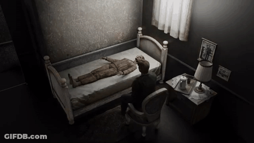 Man In Chair Facing Bed With Man Portrait GIF