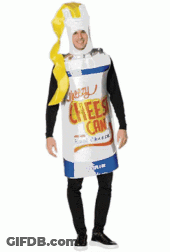 Man In Cheesy Can Costume GIF