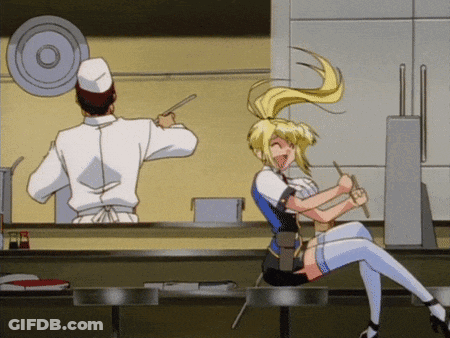 Man In Chef's Hat Cooking Woman With Chopsticks GIF