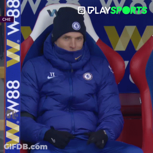 Man In Chelsea Jacket Watching Game At Stadium GIF