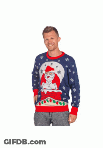 Man In Christmas Sweater With Muppets And Santa Claus GIF