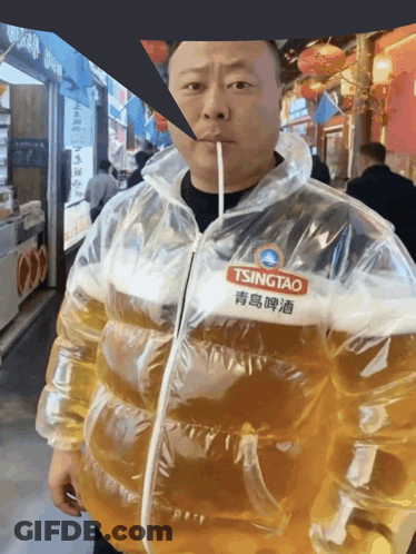 Man In Clear Jacket With Tsingtao GIF