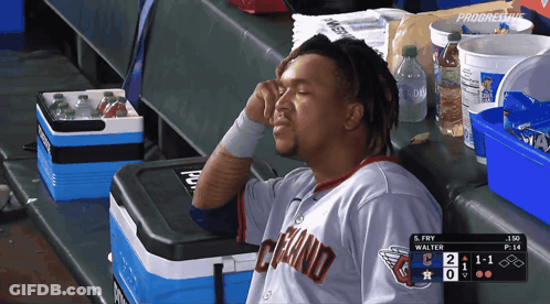 Man In Cleveland Jersey Sitting In Dugout GIF
