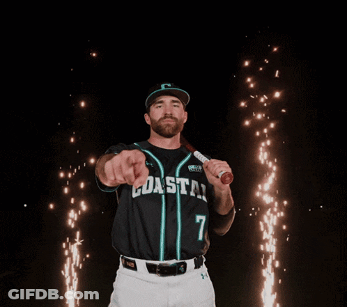 Man In Coastal Jersey Holding Bat Pointing At Camera GIF