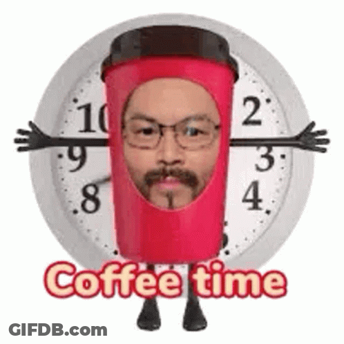 Man In Coffee Cup Costume Saying Coffee Time GIF