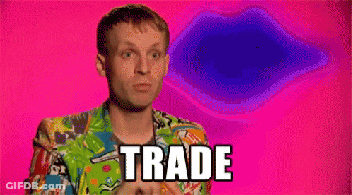 Man In Colorful Shirt With Word Trade On Pink Background GIF