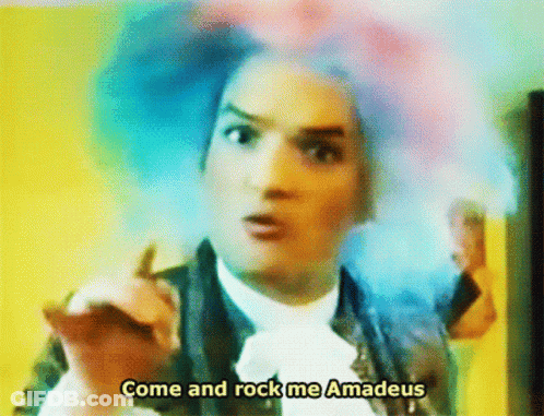 Man In Colorful Wig Says Come And Rock Me Amadeus GIF