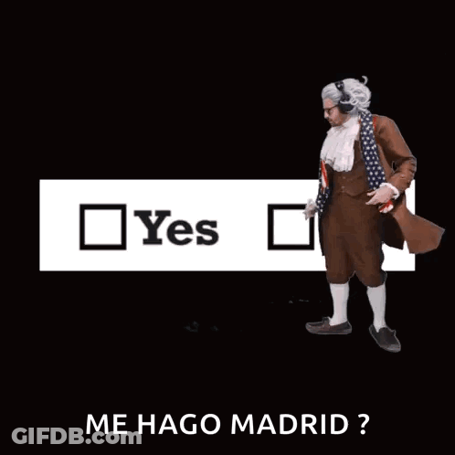 Man In Costume In Front Of Yes And Me Hago Madrid Sign GIF