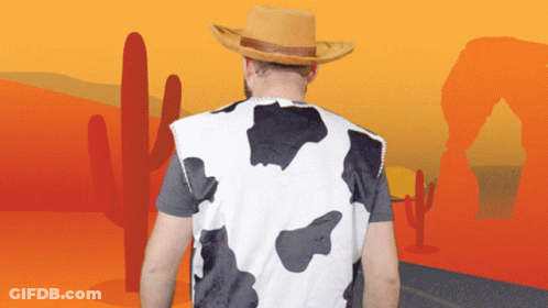 Man In Cow Print Vest And Cowboy Hat GIF