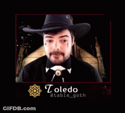 Man In Cowboy Hat And Bow Tie With Name Toledo GIF