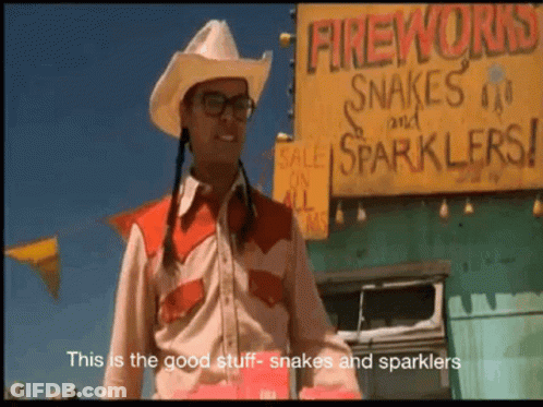 Man In Cowboy Hat And Glasses By Fireworks Snakes Sparklers Sign GIF