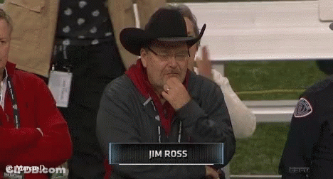 Man In Cowboy Hat And Glasses Sitting In Stadium With Jim Ross Nametag GIF