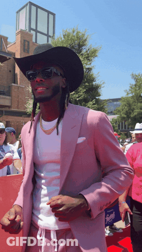 Man In Cowboy Hat And Pink Suit GIF