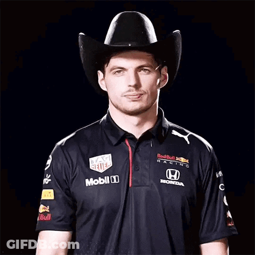 Man In Cowboy Hat And Red Bull Racing Shirt GIF