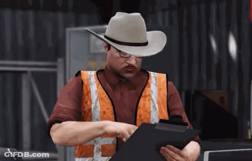 Man In Cowboy Hat And Safety Vest Looking At Clipboard Terry Time GIF