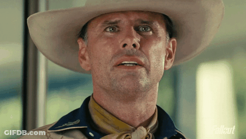 Man In Cowboy Hat And Scarf Saying Fallout GIF