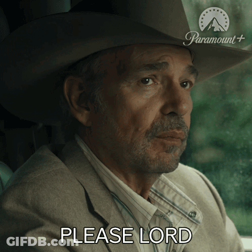 Man In Cowboy Hat And Suit Saying Please Lord GIF