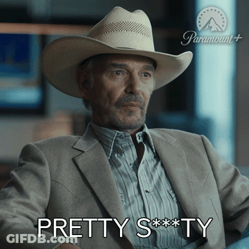 Man In Cowboy Hat And Suit Saying Pretty S**ty GIF