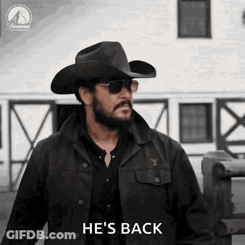 Man In Cowboy Hat And Sunglasses Says He's Back GIF
