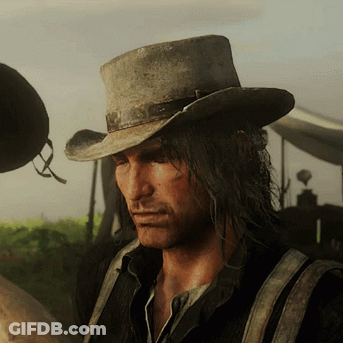 Man In Cowboy Hat And Suspenders Looking Down GIF