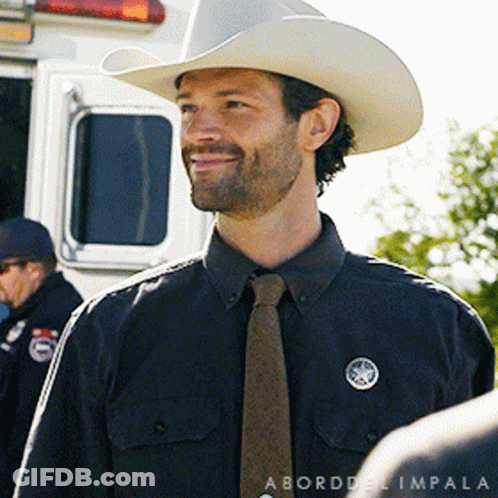 Man In Cowboy Hat And Tie In Front Of Police Vehicle GIF