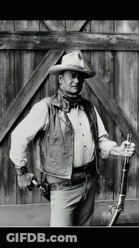 Man In Cowboy Hat And Vest Holds Gun GIF