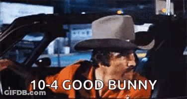 Man In Cowboy Hat Driving Car Saying 10-4 Good Bunny GIF