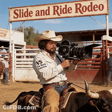 Man In Cowboy Hat Holding Camera At Slide And Ride Rodeo GIF