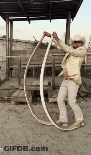 Man In Cowboy Hat Holding Long Wood GIF