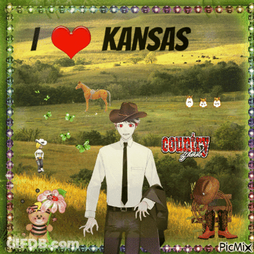 Man In Cowboy Hat In Front Of Field Saying I Love Kansas GIF