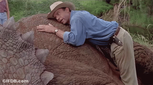 Man In Cowboy Hat Laying On Large Dinosaur Back GIF